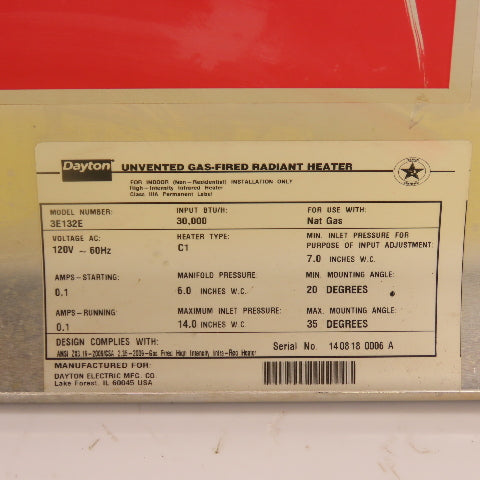 Dayton 3E132E Gas Infrared Radiant Panel Heater 30000 BTU Natural Gas 120V