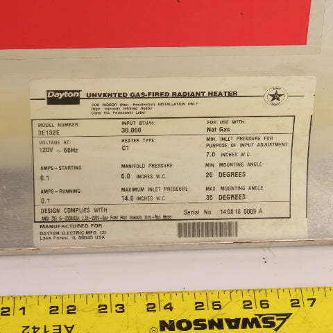 Dayton 3E132E Gas Infrared Radiant Panel Heater 30000 BTU Natural Gas 120V