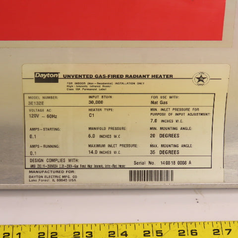 Dayton 3E132E Gas Infrared Radiant Panel Heater 30000 BTU Natural Gas 120V