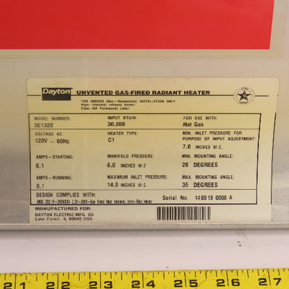 Dayton 3E132E Gas Infrared Radiant Panel Heater 30000 BTU Natural Gas 120V