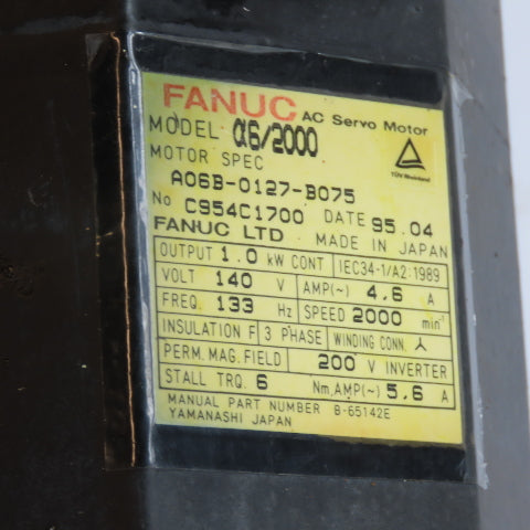 Fanuc A06B-0127-B075 a6/2000 AC Servo Motor 1.0kW 140V 2000RPM 3Ph