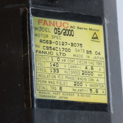 Fanuc A06B-0127-B075 a6/2000 AC Servo Motor 1.0kW 140V 2000RPM 3Ph