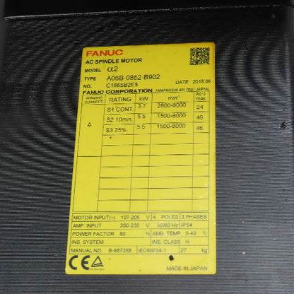 Fanuc A06B-0852-B902 AC Spindle Motor a2 3.7kW-5.5kW 200-230V 3Ph 2800-8000RPM