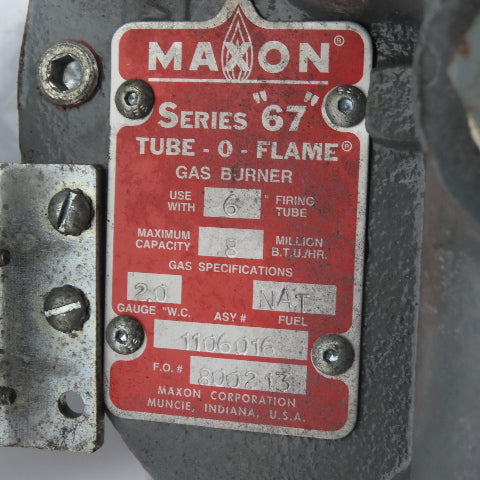 Maxon Series 67 Tube-O-Flame Natural Gas Burner 0.8Million BTU 6" Tube W/ Blower