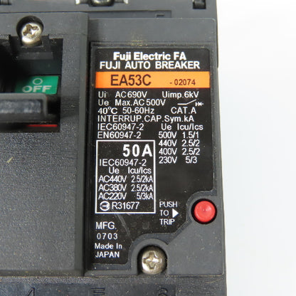 Fuji Electric EA53C 3-Pole Molded Case Circuit Breaker 50A 500VAC