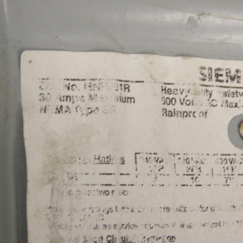 Siemens HNF361R 30A Non-Fusible Safety Disconnect Switch 600VAC 250VDC 3Ph