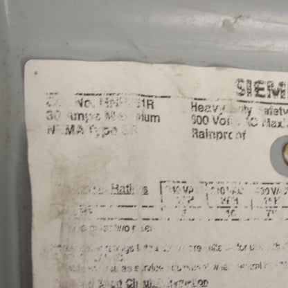 Siemens HNF361R 30A Non-Fusible Safety Disconnect Switch 600VAC 250VDC 3Ph