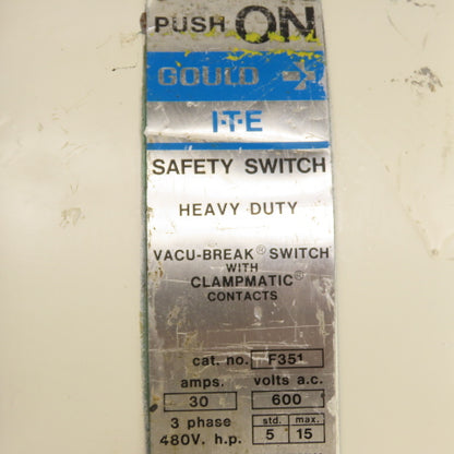 Gould I-T-E F351 30A 3-Pole Heavy Duty Safety Disconnect Switch 600VAC 3Ph