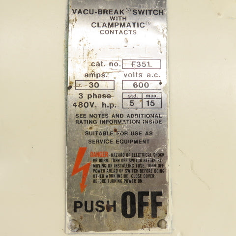 Gould I-T-E F351 30A 3-Pole Heavy Duty Safety Disconnect Switch 600VAC 3Ph