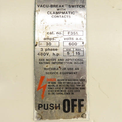 Gould I-T-E F351 30A 3-Pole Heavy Duty Safety Disconnect Switch 600VAC 3Ph