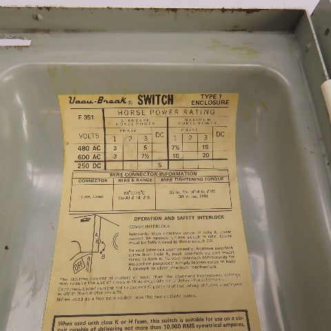 Gould I-T-E F351 30A 3-Pole Heavy Duty Safety Disconnect Switch 600VAC 3Ph