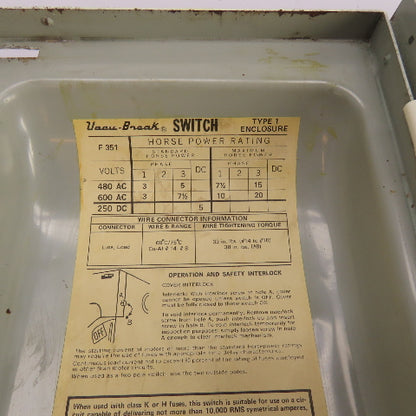 Gould I-T-E F351 30A 3-Pole Heavy Duty Safety Disconnect Switch 600VAC 3Ph