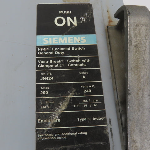 Siemens JN424 200A 3-Pole Fusible General Duty Safety Disconnect Switch 240VAC