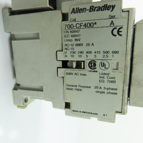 Allen-Bradley 700-CF400* Control Relay 600VAC Max W/ 100-F Auxiliary Contact