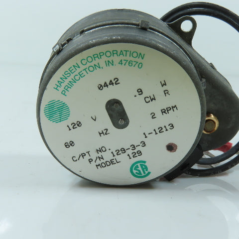Hansen Corp. 129-3-3 Synchronous Gear Motor 120V 60Hz 2RPM With Drive Gear