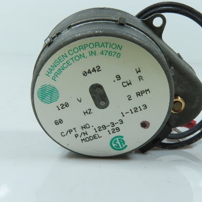 Hansen Corp. 129-3-3 Synchronous Gear Motor 120V 60Hz 2RPM With Drive Gear