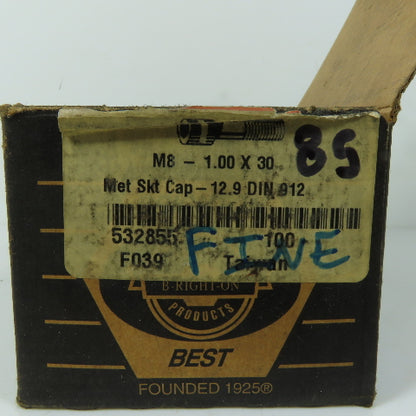Brighton Best M8-1.00 x 30 Metric Socket Head Cap Screws 12.9 DIN 912 Lot Of 85
