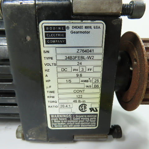 Bodine 34B3FEBL-W2 24VDC 1/5HP Gear Motor 20.4:1 Ratio 46 Lb-in Torq 122RPM