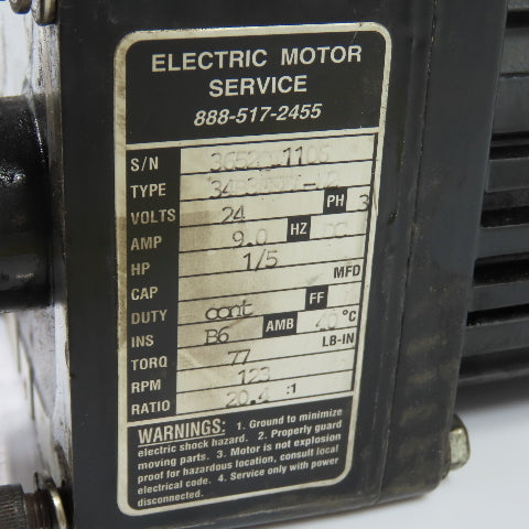Bodine 34B3FEBL-W2 24VDC 1/5HP Gear Motor 20.4:1 Ratio 46 Lb-in Torq 123RPM