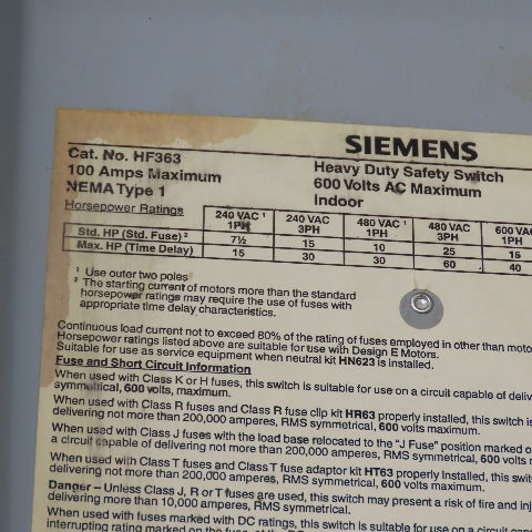 Siemens HF363 100A 3-Pole Fusible Safety Disconnect Switch 600VAC 3Ph