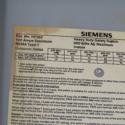 Siemens HF363 100A 3-Pole Fusible Safety Disconnect Switch 600VAC 3Ph