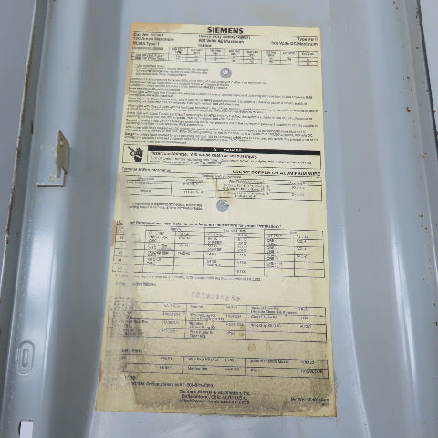 Siemens HF363 100A 3-Pole Fusible Safety Disconnect Switch 600VAC 3Ph