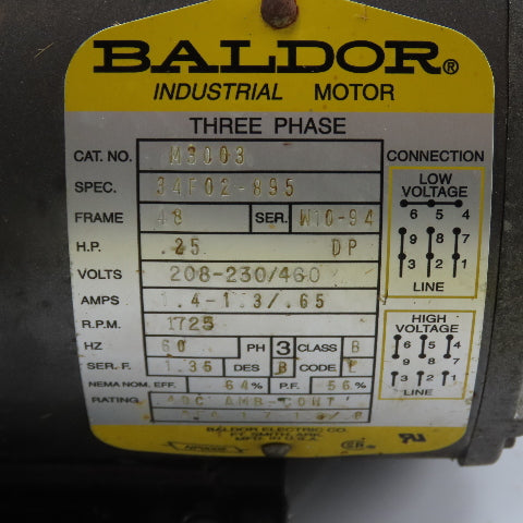 Baldor M3003 0.25HP AC Electric Motor 208-230/460V 1725RPM 48 Fr. Tested