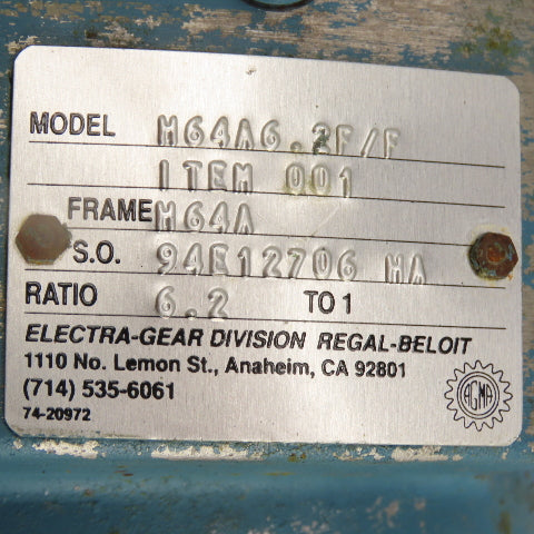 Electra-Gear M64A6.2F/F Inline Gear Reducer Gearbox 6.2:1 Ratio H64A Frame