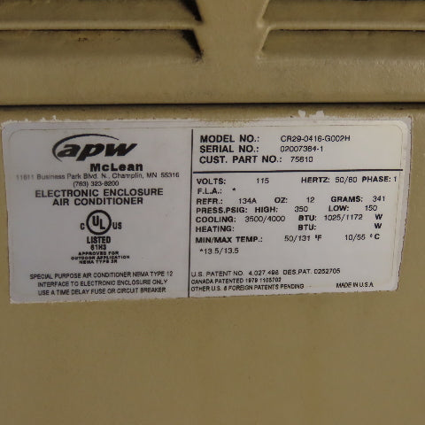 McLean CR29-0416-G002H Electronic Enclosure Air Conditioner 115V 1Ph