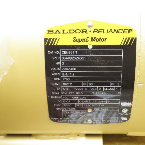Baldor CEM3611T AC Electric Motor 3HP 1760RPM 230/460V 3Ph 182TC Frame NEW