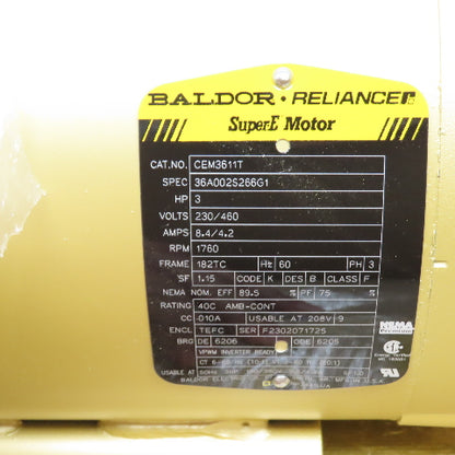 Baldor CEM3611T AC Electric Motor 3HP 1760RPM 230/460V 3Ph 182TC Frame NEW