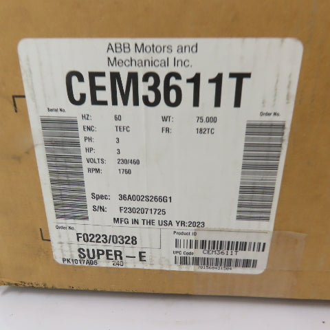 Baldor CEM3611T AC Electric Motor 3HP 1760RPM 230/460V 3Ph 182TC Frame NEW