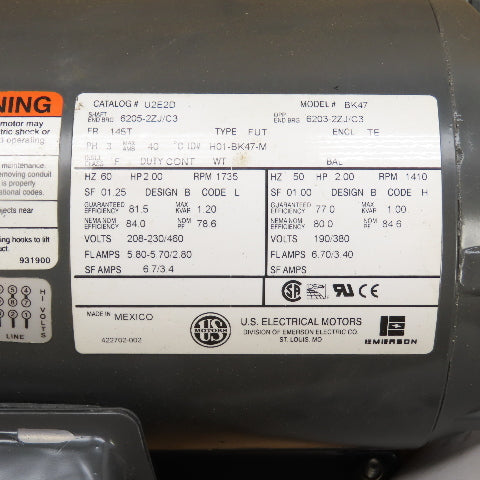 U.S. Motors U2E2D 2HP AC Electric Motor 208-230/460V 3Ph 1735RPM 145T Frame