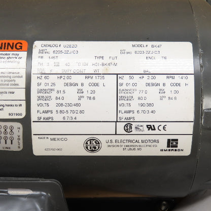 U.S. Motors U2E2D 2HP AC Electric Motor 208-230/460V 3Ph 1735RPM 145T Frame