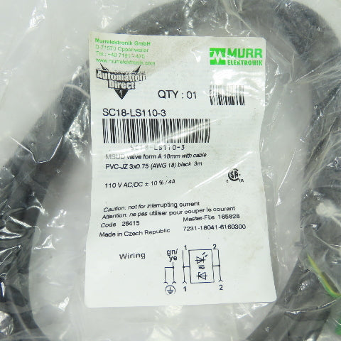 Murrelektronik SC18-LS110-3 Solenoid Valve Cable 3m 18AWG 110V NEW