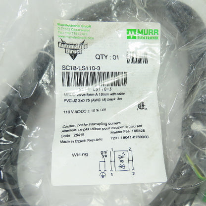 Murrelektronik SC18-LS110-3 Solenoid Valve Cable 3m 18AWG 110V NEW