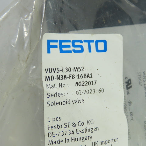 Festo VUVS-L30-M52-MD-N38-F8-16BA1 Pneumatic Solenoid Valve 36-145PSI 110/120VAC