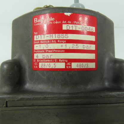 Barksdale D1T-H18SS Diaphragm Pressure Switch -1.0 to 1.25 Bar 480VAC