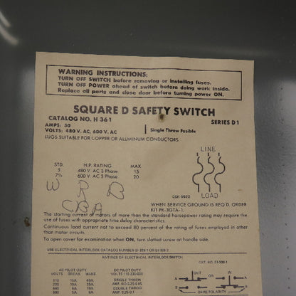 Square D H361 30A 3-Pole Fusible Safety Disconnect Switch 600V 3Ph