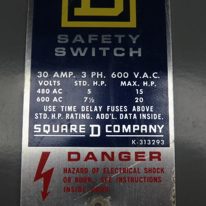 Square D H361 30A 3-Pole Fusible Safety Disconnect Switch 600V 3Ph