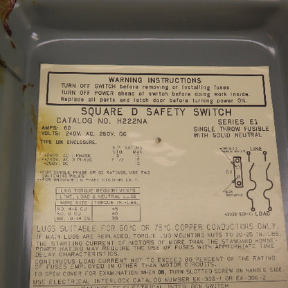 Square D H222NA 60A Fusible General Duty Safety Disconnect Switch 240V