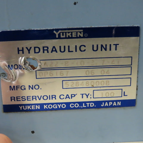 Yuken A22-B-10-3.7-41 Hydraulic Power Unit 100L Capacity 3.7kW 480V 3Ph