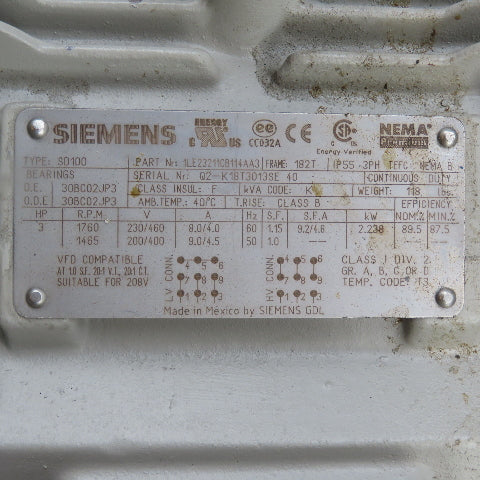 Siemens 1LE23211CB114AA3 3HP Electric Motor 230/460V 3Ph 1760RPM 182T Frame