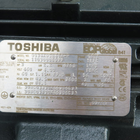 Toshiba 0034XDSB41A-P 3HP AC Electric Motor 460V 1760RPM 182T Frame Tested