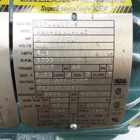 Baldor-Reliance ECP3661T-4 3HP Electric Motor 460V 1755RPM 182T Frame 3Ph Tested