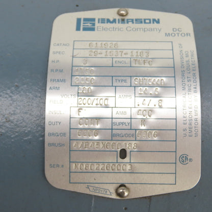 Emerson 611928 3HP DC Electric Motor 180V Armature 200/100V Field 1750RPM