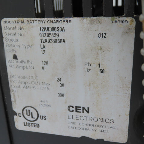 CEN Electronics 12A0380S0A CEN 50 24V Battery Charger 120V 1Ph 380AH 12 Cell