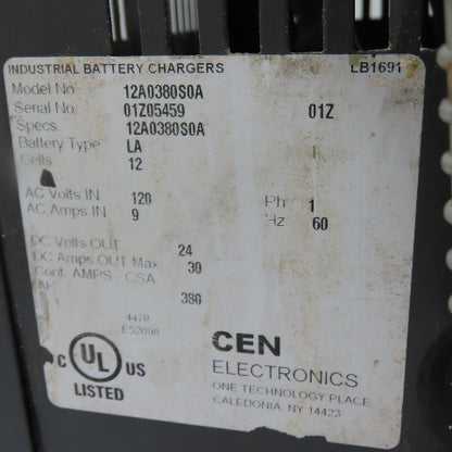 CEN Electronics 12A0380S0A CEN 50 24V Battery Charger 120V 1Ph 380AH 12 Cell
