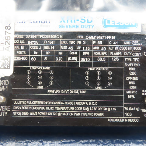 Marathon XA184TTFCD6810BC M 5HP Severe Duty Electric Motor 230/460V 3Ph 3510RPM