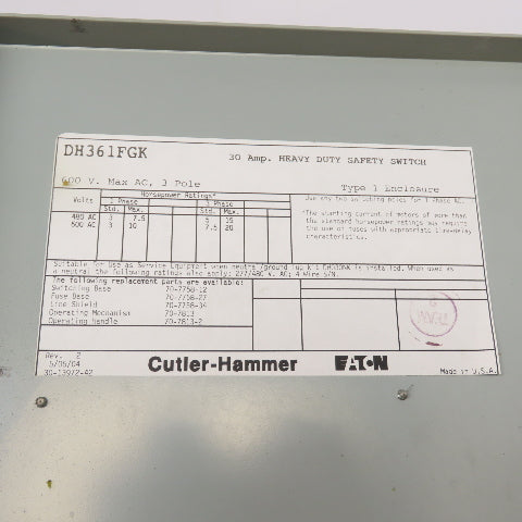 Eaton DH361FGK 30A Fusible Safety Disconnect Switch 600V 3-Pole